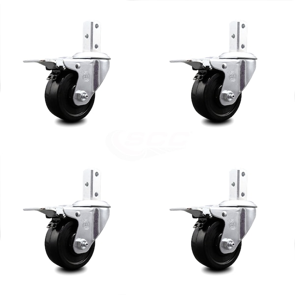 3.5 Inch Soft Rubber Swivel 3/4 Inch Square Stem Caster Set Total Lock Brake SCC